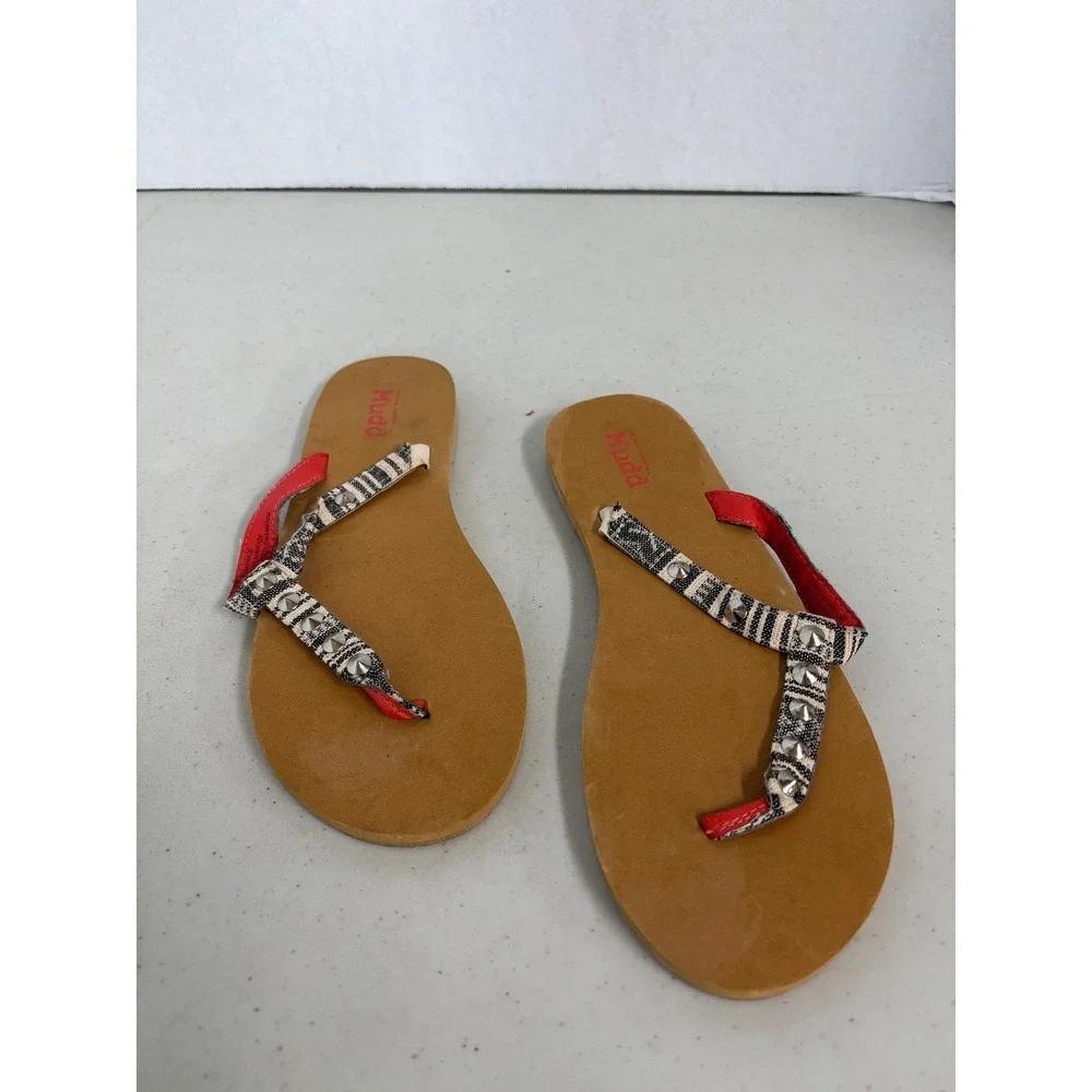 Mudd Womens Studded Striped Flip Flop Sandals Red Black White Size L‎ 9-10